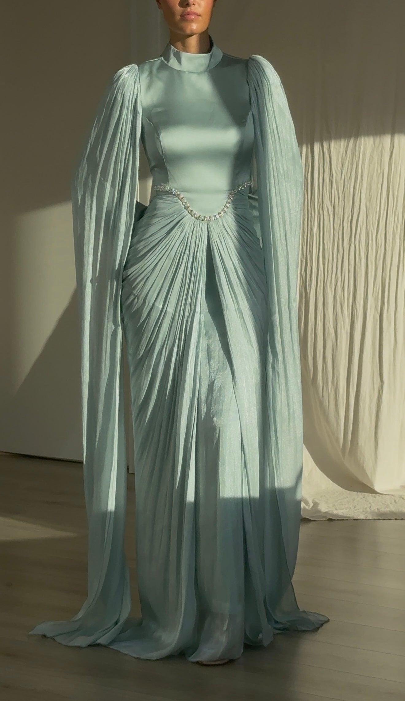 Turquoise High Neck Long Sleeves Ruched Beaded Back Zipper Evening Dress