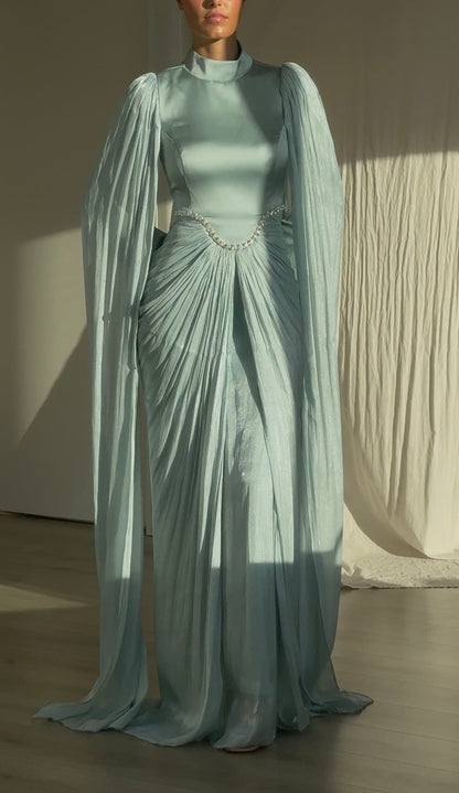 Turquoise High Neck Long Sleeves Ruched Beaded Back Zipper Evening Dress