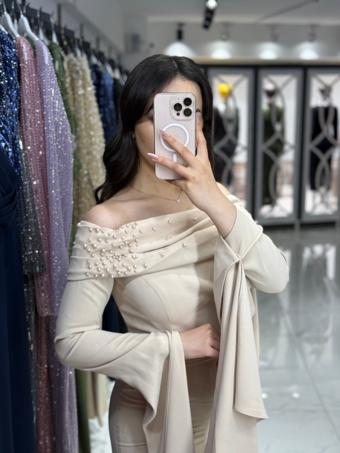 Off Shoulder Long Sleeves Beaded Ruched Evening Dress