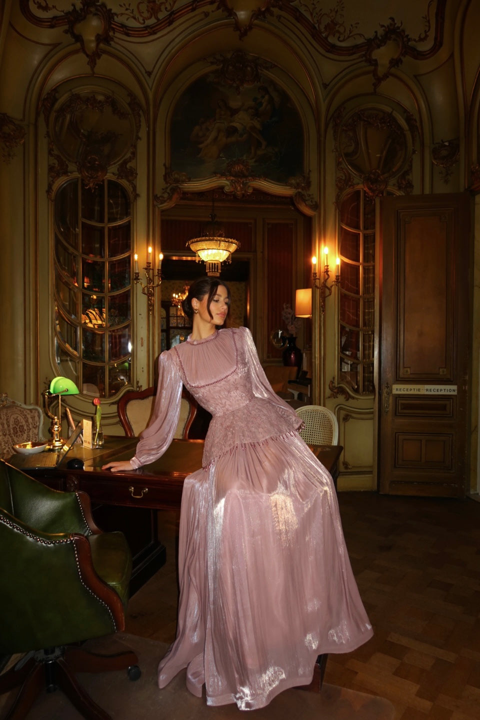 Dusty Rose Long Sleeves A-Line Floor Length Evening Dress