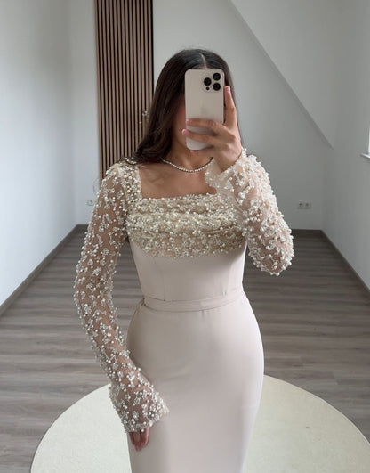 Long Sleeves Sequins A-Line Satin Evening Dress