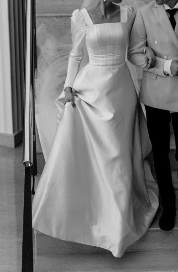 Modest A-line Square Neckline White Satin Wedding Dress