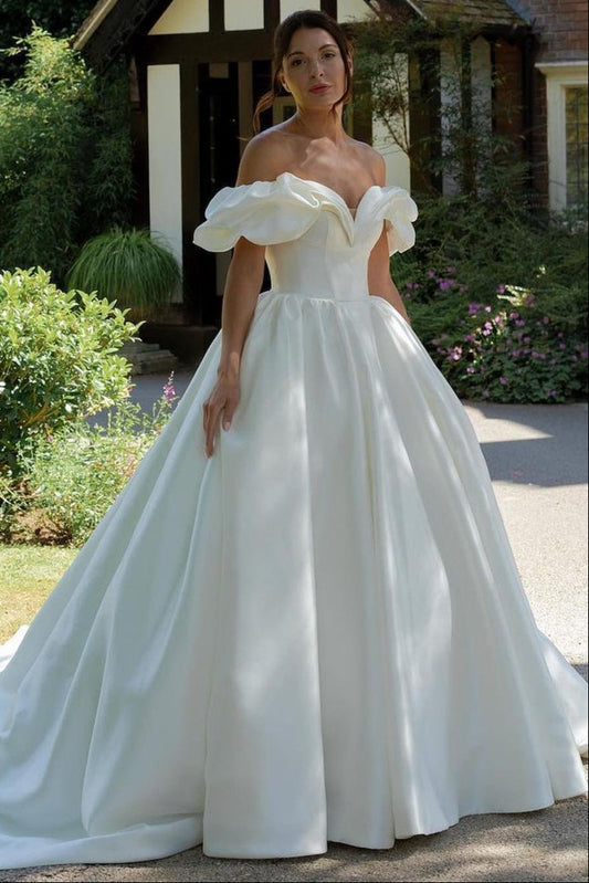 White Puff Off-the-Shoulder V Neck Sweeping Long Wedding Dress