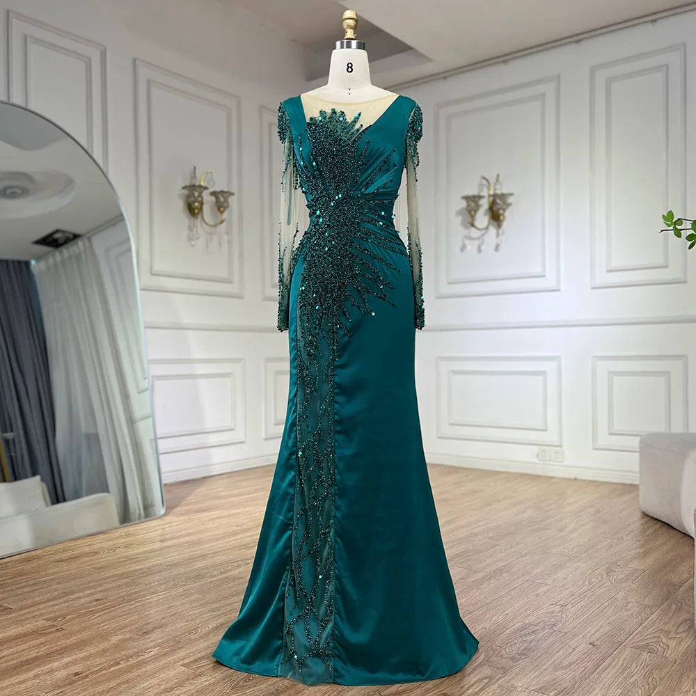 Luxury Dubai Green Mermaid Lace Beaded Satin Evening Dresses Formal Gowns