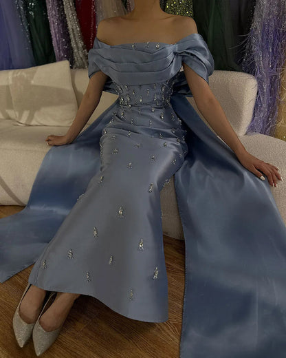 Blue Beaded Crystal Ankle-Length Mermaid Satin Evening Dress Gown for Party