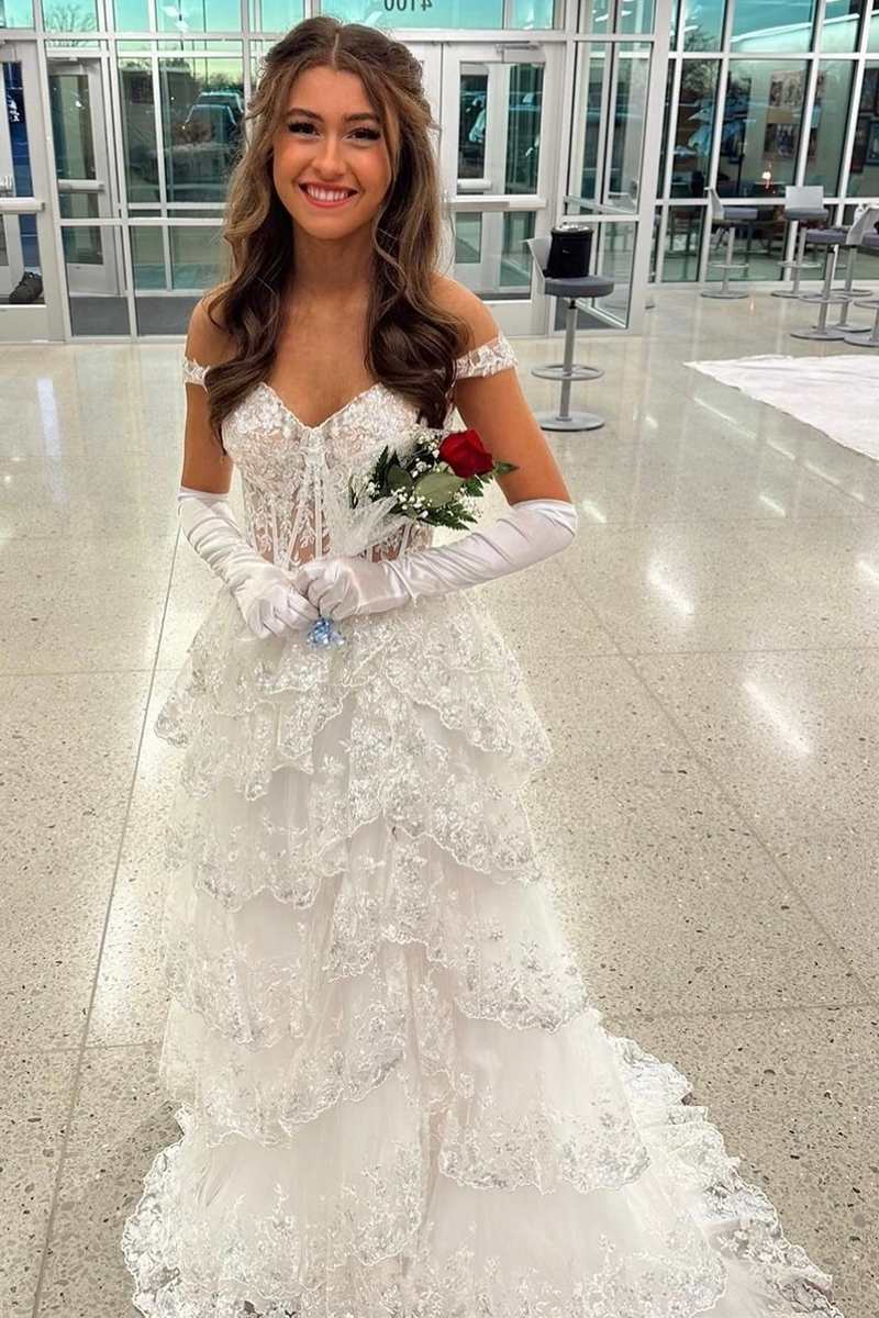 Fairytale Sequin-Embroidery Off-the-Shoulder Tiered Long Prom Dress with Slit