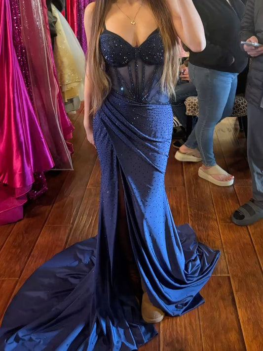 Mermaid Spaghetti Straps Navy Blue Satin Beadings Prom Dress