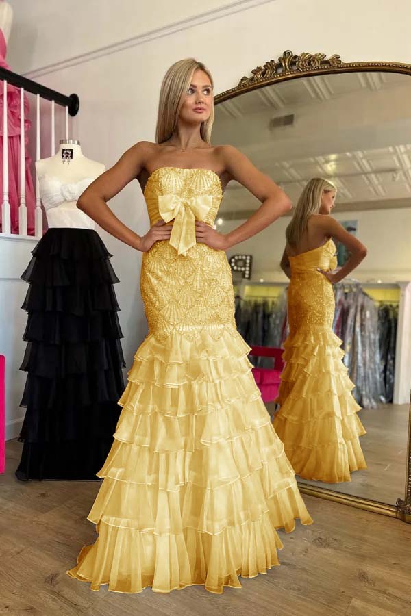 Stunning Strapless Prom Dress Mermaid Ruffles Beading with Bow