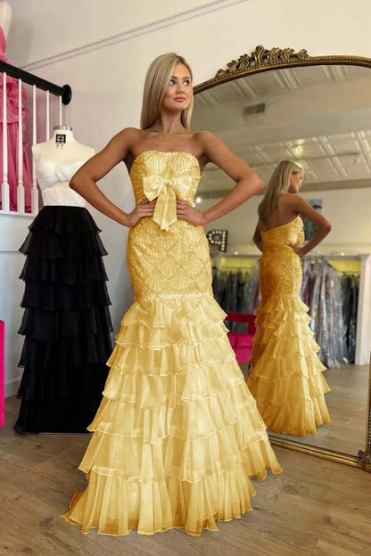 Stunning Strapless Prom Dress Mermaid Ruffles Beading with Bow
