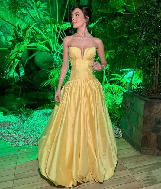 Classy Ball Gown Satin Strapless Yellow Satin Prom Dress