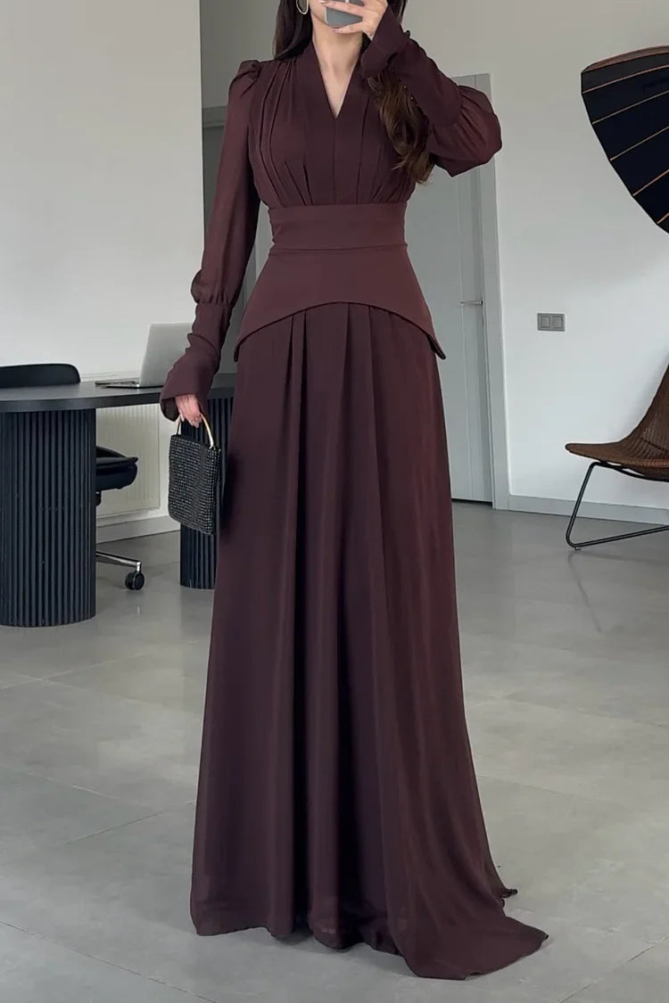 Pleated V Neck Puff Shoulder Long Sleeve Party Maxi Dresses