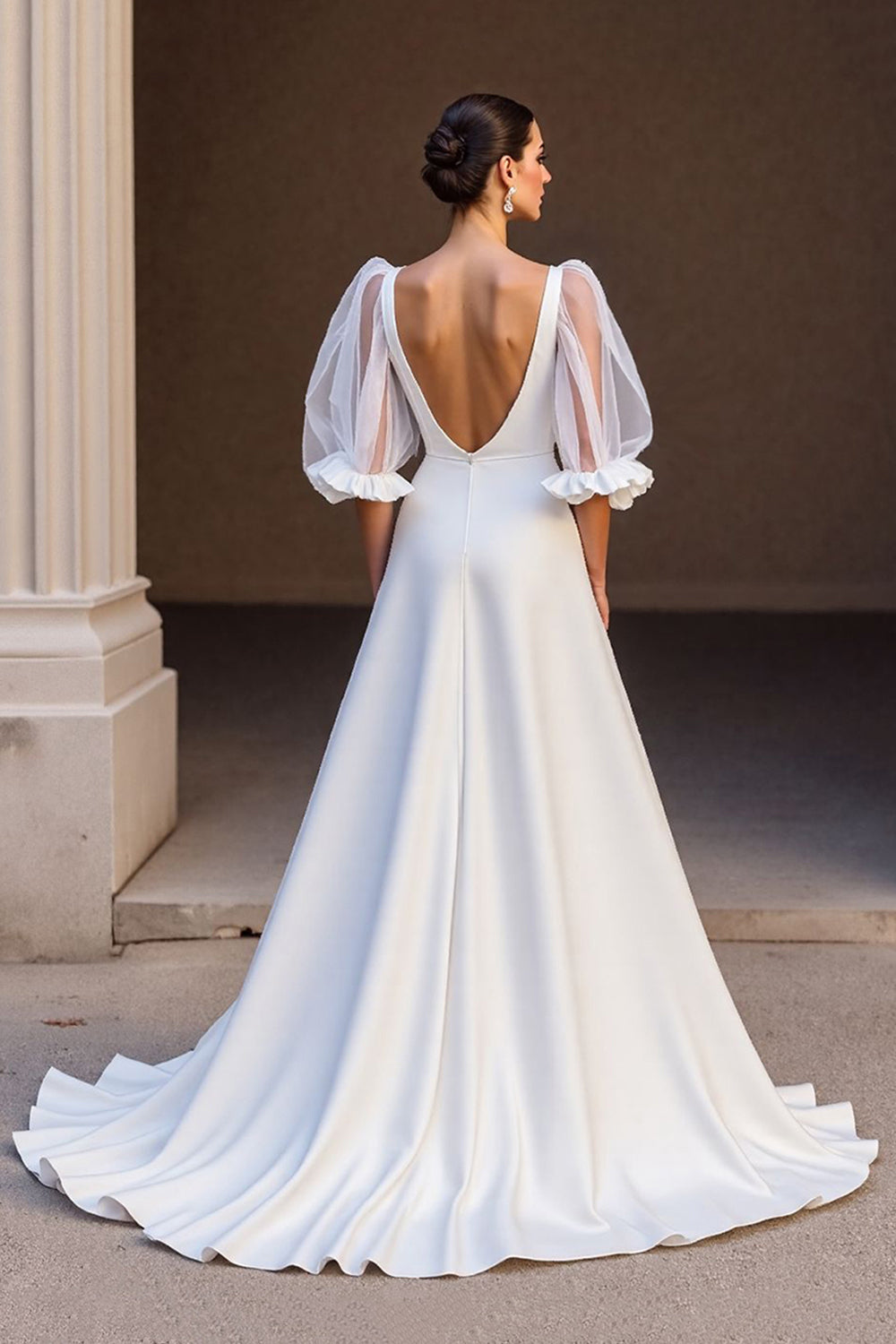 Bubble Sleeves V-Neck Satin Wedding Dress