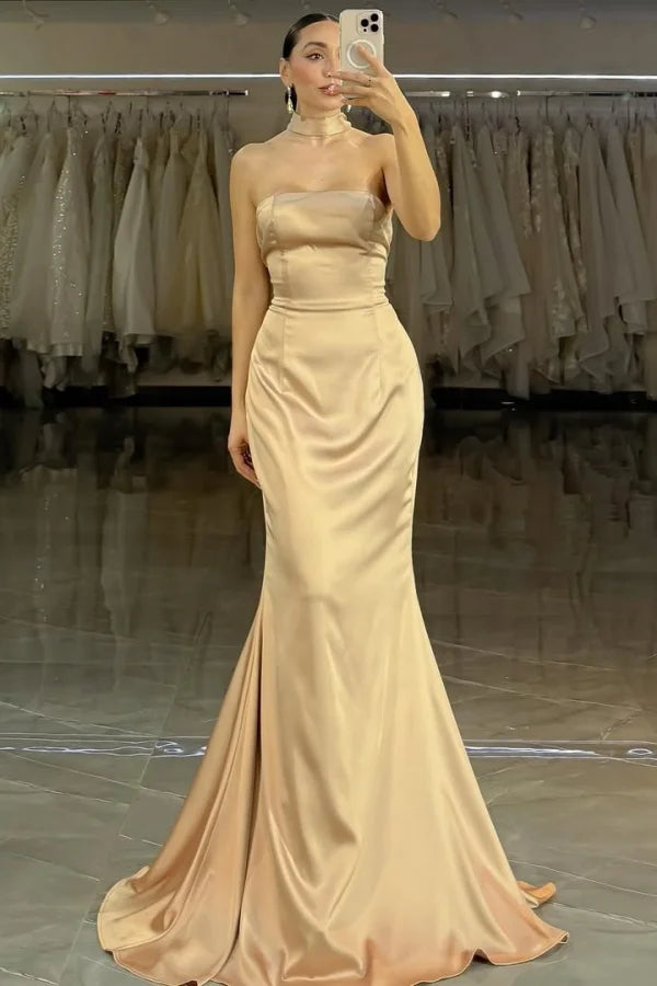 Champagne Strapless Mermaid Long Formal Prom Dress ZT0668