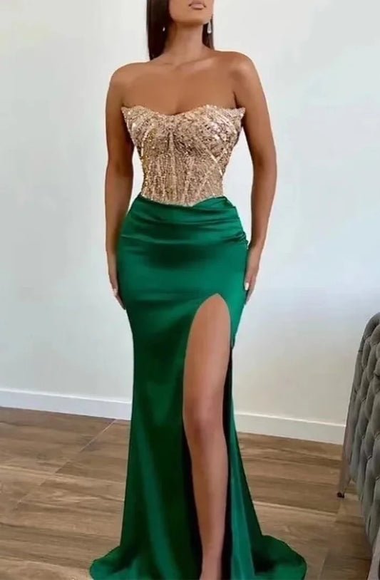Strapless Green Beadings Mermaid Prom Dress Split with Applique