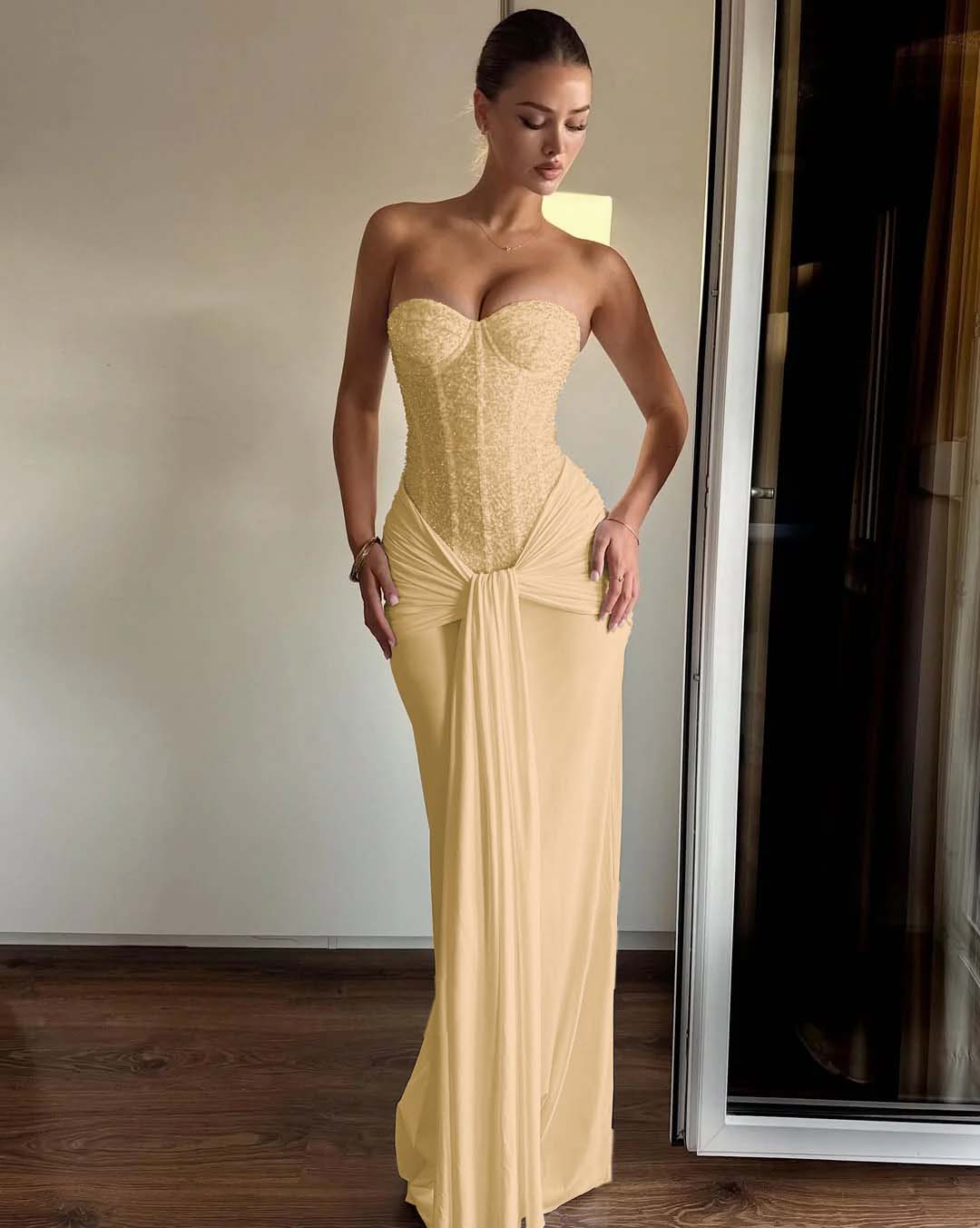 Fashion Sweetheart Prom Dress Sleeveless Pleated with Sequins