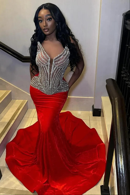 Modern Red V-Neck Sleeveless Prom Dress