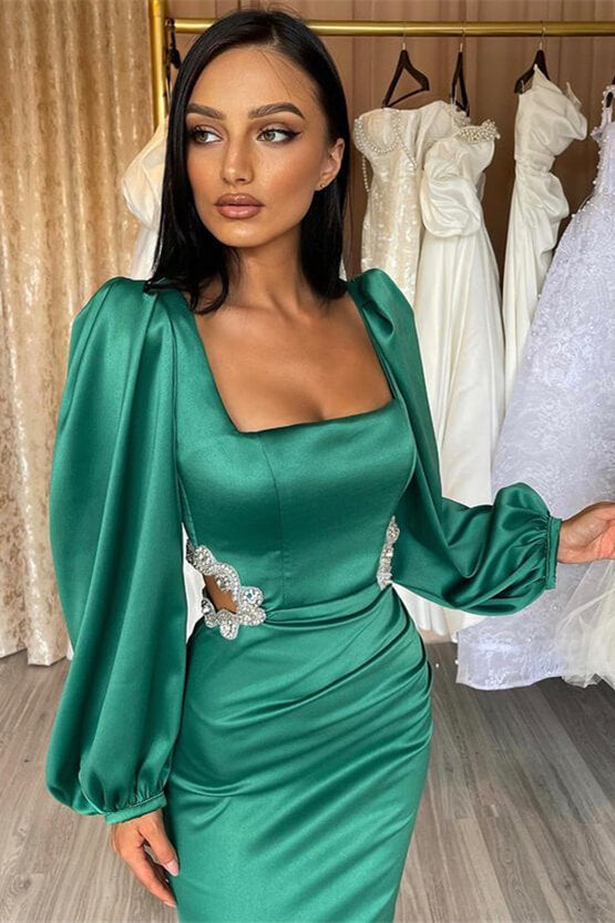 Glamorous Long Puff Sleeves Square Pleated Mermaid Prom Dress With Appliques