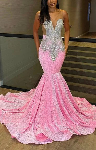 Pink Evening Dress Sleeveless Sequins Mermaid Long Slit