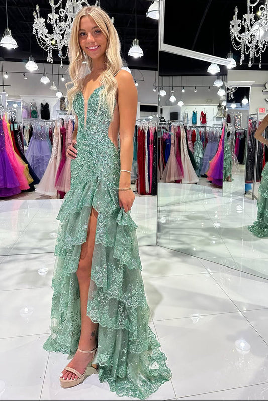 Gorgeous Sheath V Neck Sage Green Prom Dress with Appliques