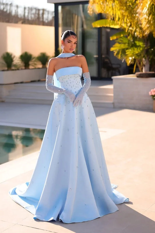 Light Blue Strapless A-Line Beaded Rhinestones Prom Dress With Gloves And Scarf