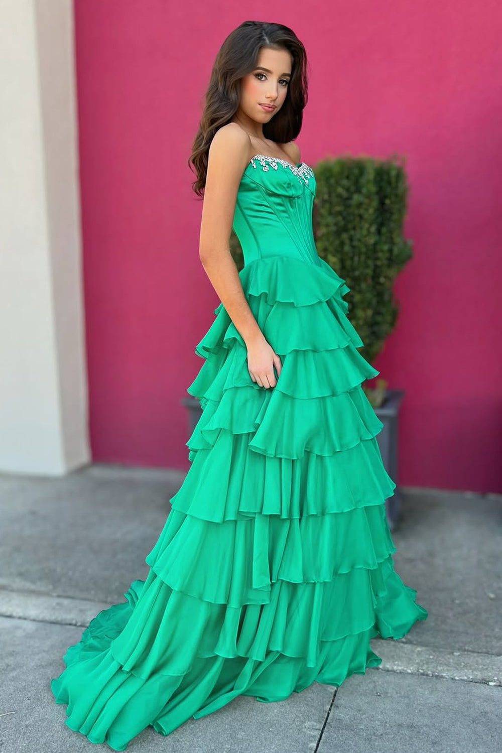 Cute A Line Scoop Neck Green Chiffon Tiered Prom Dress with Beading