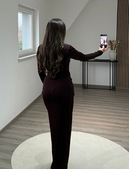 Charming A-Line Long Sleeves V-Neck Corset Evening Dress