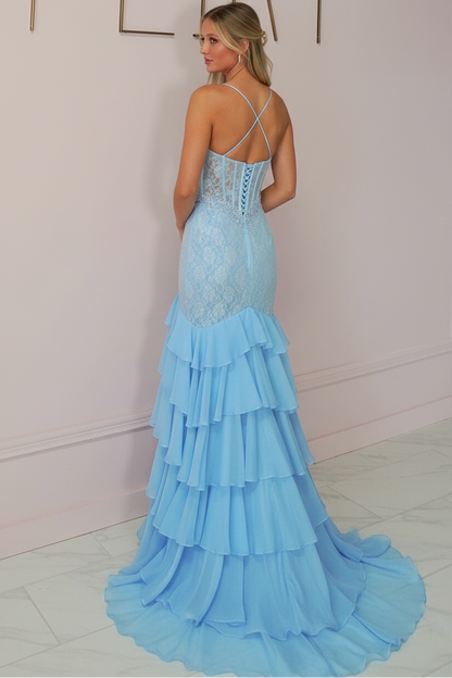 Spaghetti Straps Sequined Lace&Chiffon Pleated Ruffled Tiered A-Line Prom Dress