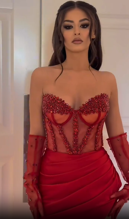 Red Beaded Sweetheart Gorgeous Prom Dress With Gloves