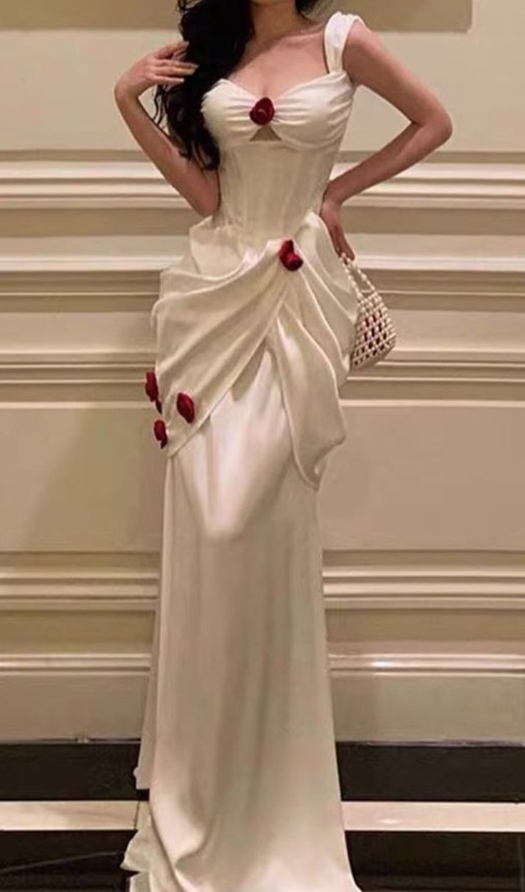 Elegant White Satin Flowers Evening Dress Long Prom Dress