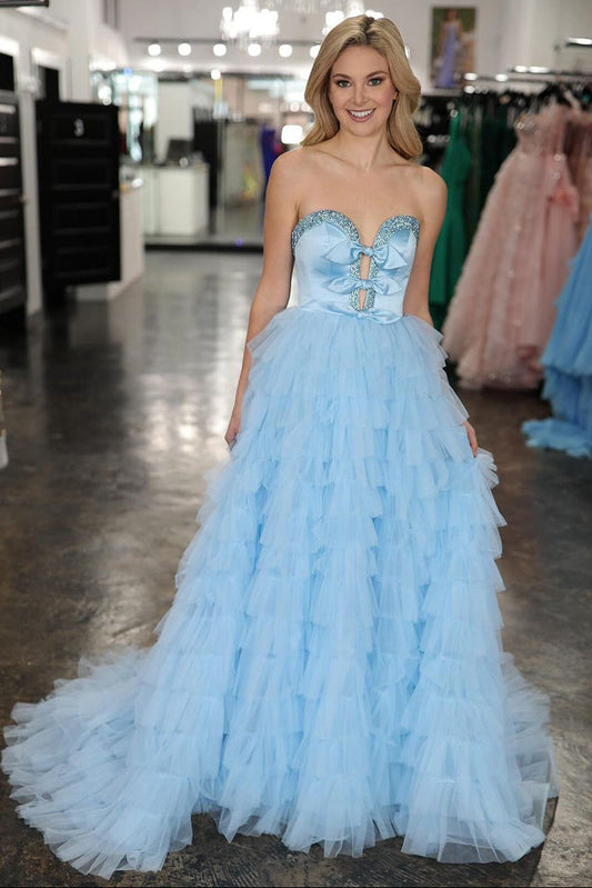 A-Line Sweetheart Light Blue Ruffle Tiered Long Prom Dress