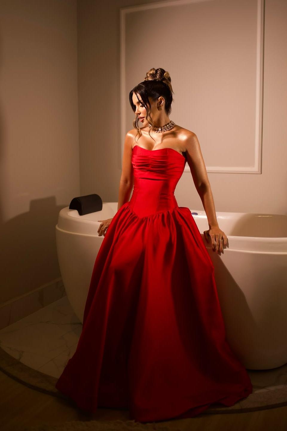 Red Satin Strapless Sleeveless Long Pleated A-Line Prom Dress With Corset