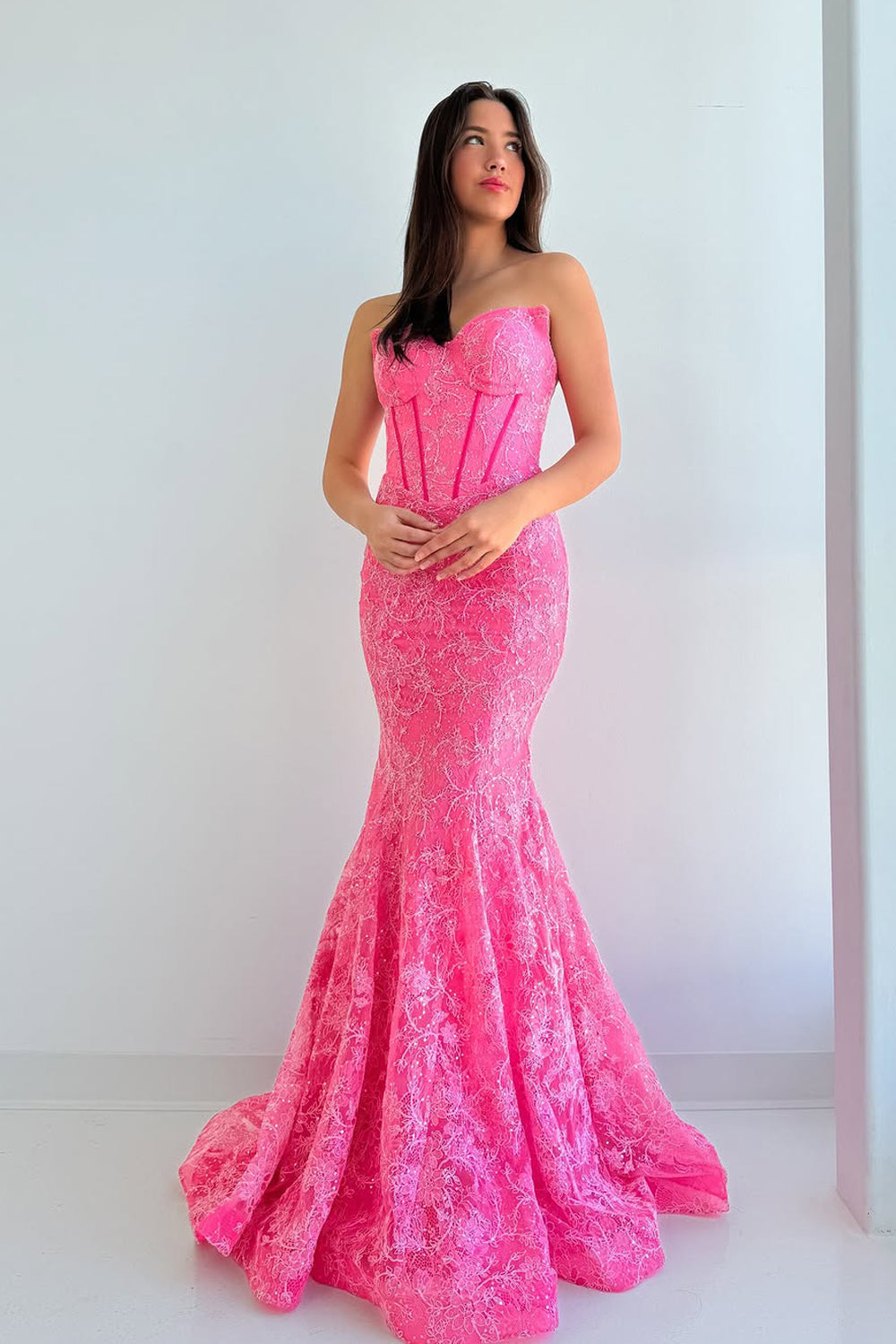 Mermaid Strapless Pink Lace Long Prom Dress