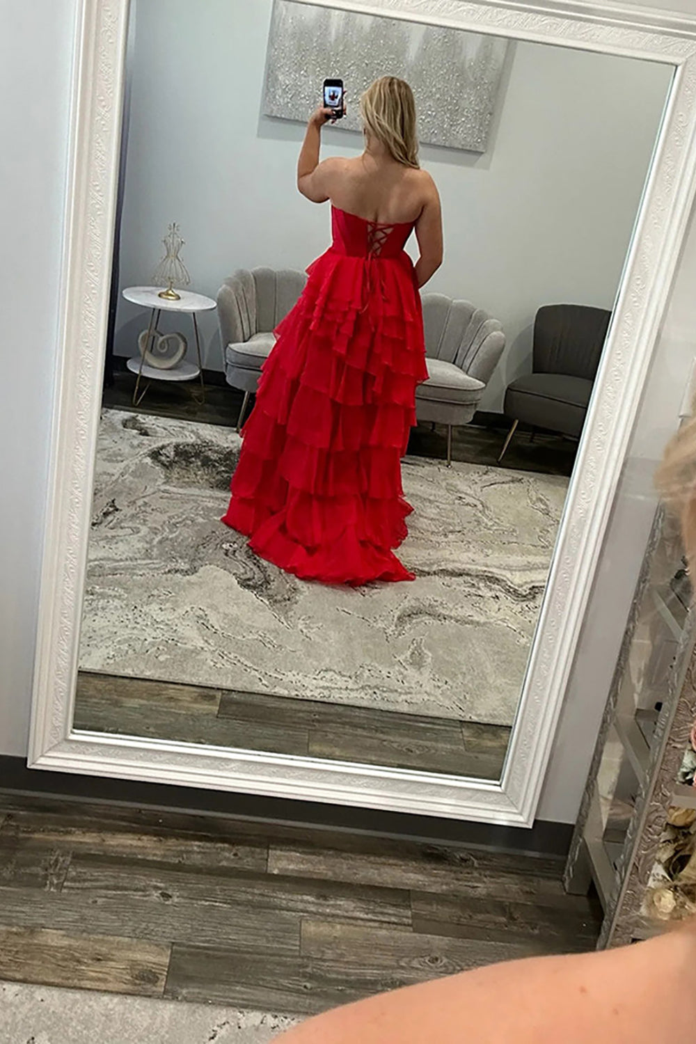 Classic Ball Gown Strapless Black Chiffon Ruffle Tiered Prom Dresses with Slit