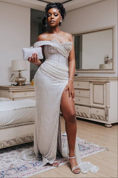 Modern Silver Off-the-Shoulder Sweetheart Mermaid Prom Dress