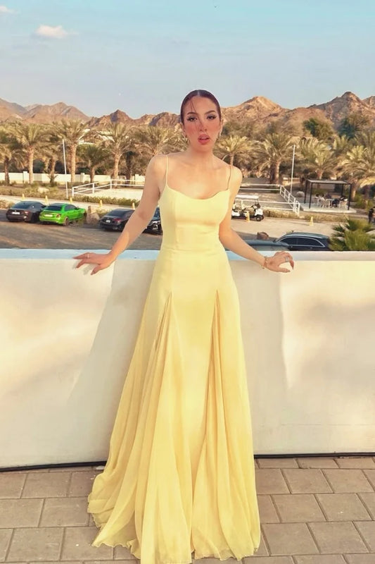Light Yellow Spaghetti Straps Chiffon Stitching Semi-formal Summer Prom Dress