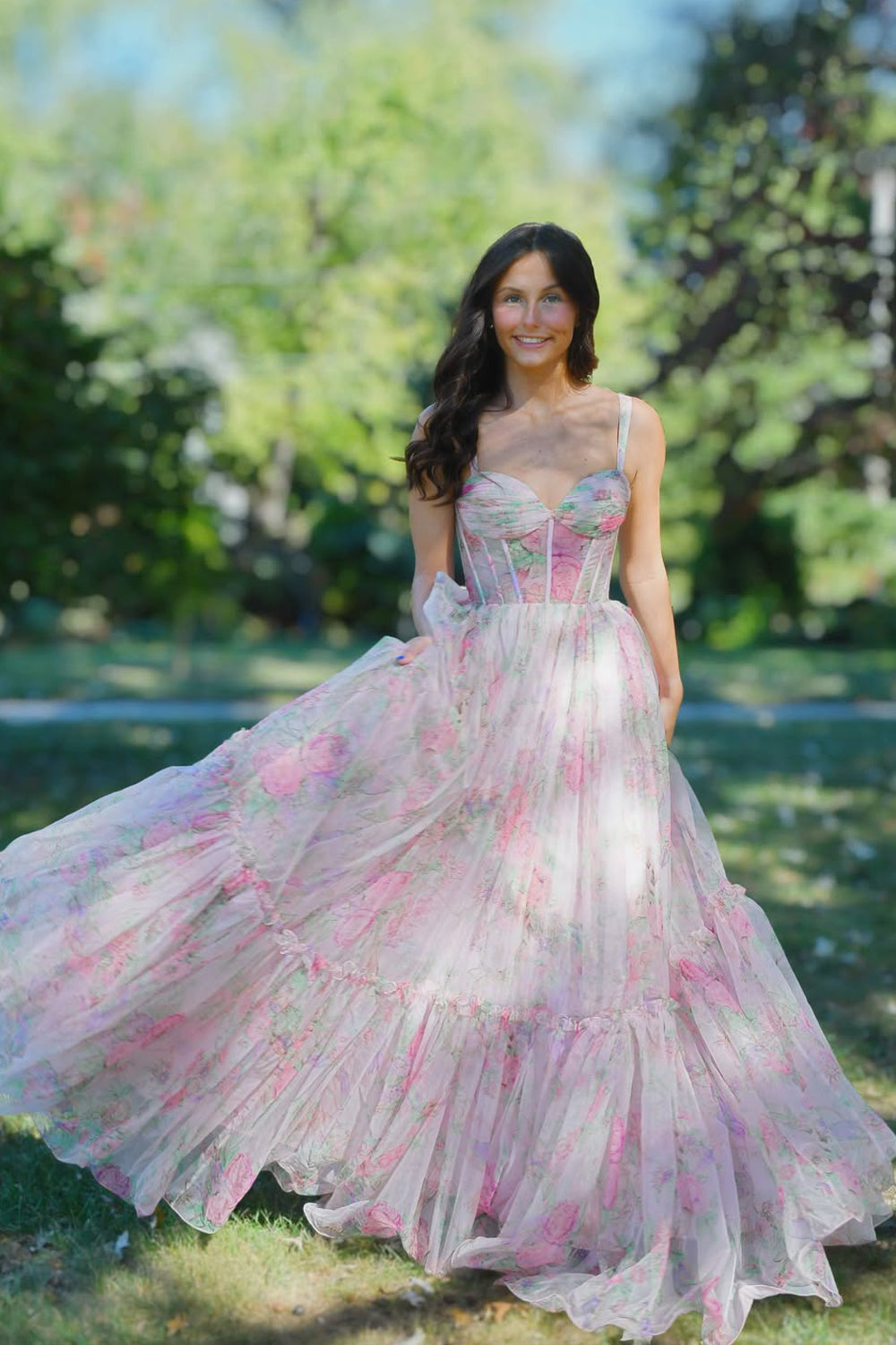 Cute A Line Strapless Floral Chiffon Prom Dress