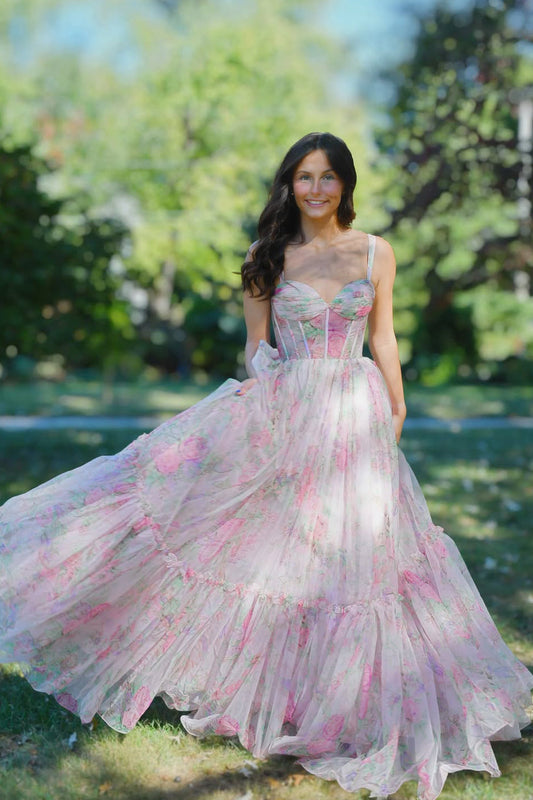 Cute A Line Strapless Floral Chiffon Prom Dress