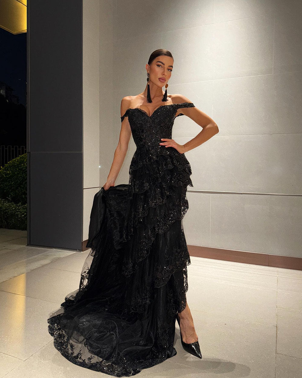 Off Shoulder Layered Lace Sequin Sexy High Slit Formal Dress