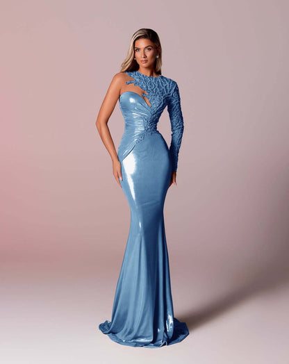 Hidais Asymmetric Neckline Single-Sided Long Sleeve Long Mermaid Prom Dress