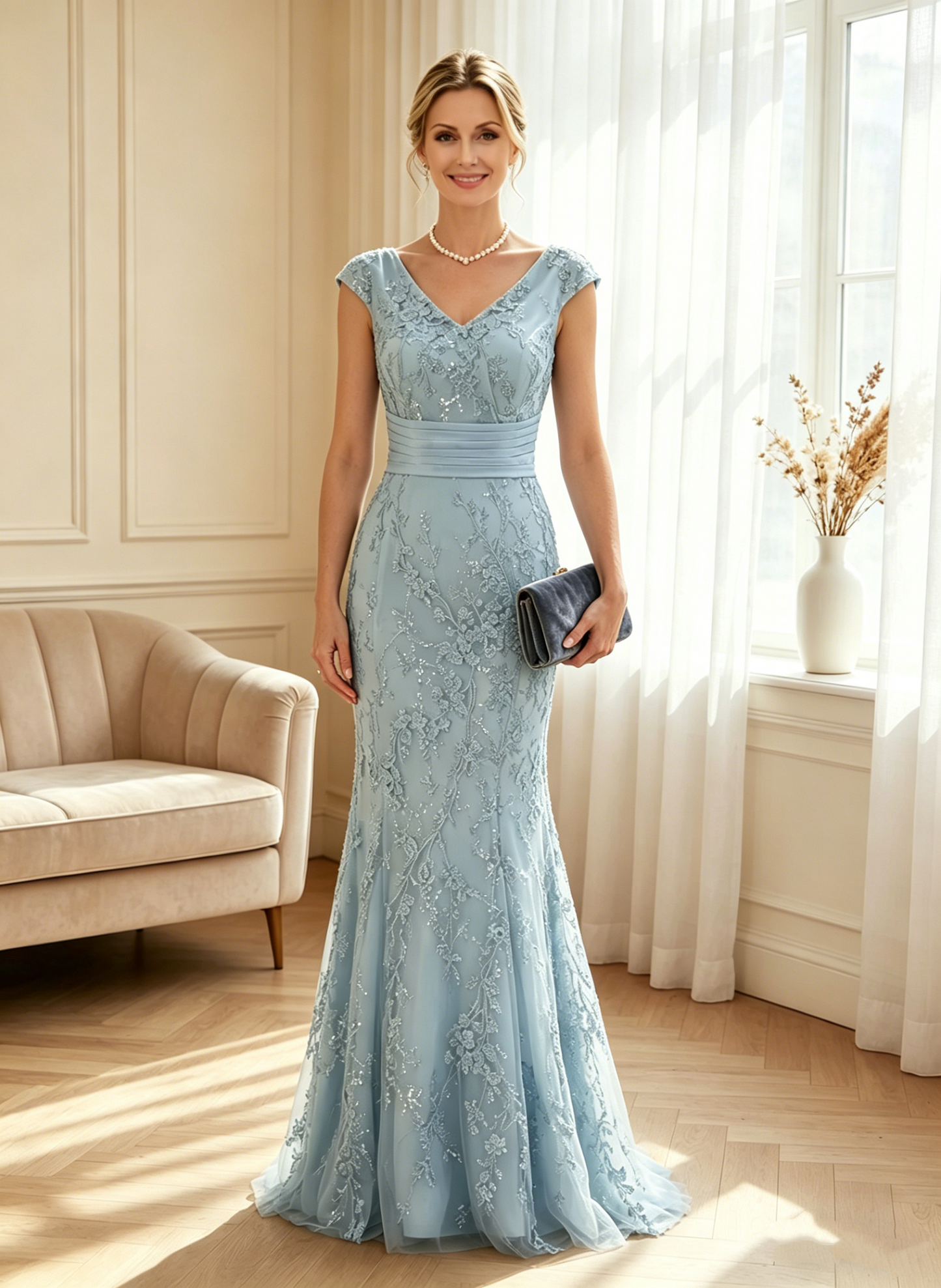 Elegant Light Blue V-Neck Cap Sleeve Lace Mermaid Evening Dress