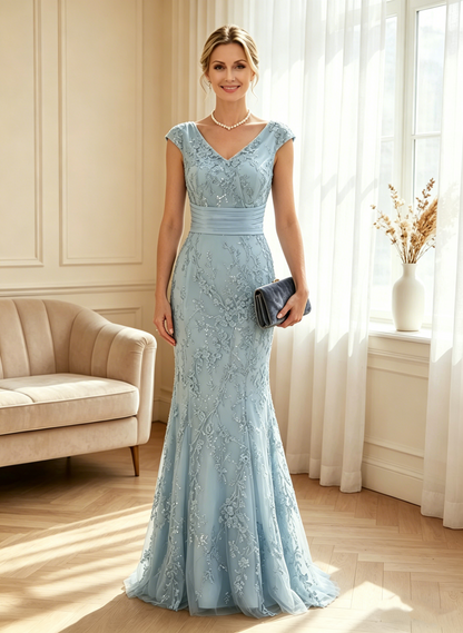 Elegant Light Blue V-Neck Cap Sleeve Lace Mermaid Evening Dress