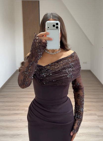 Sheath One Shoulder Long Sleeves Appliques Evening Dress