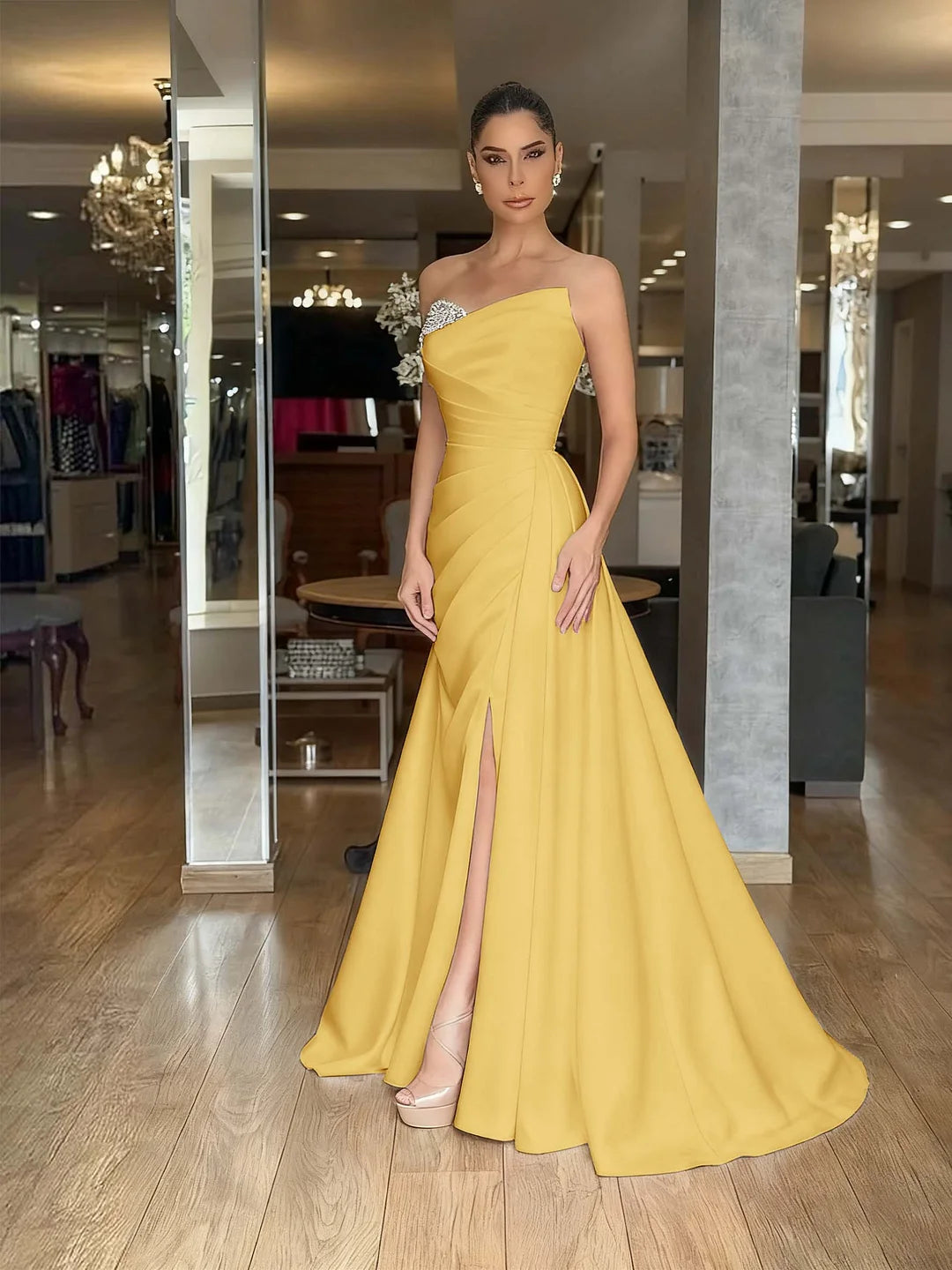 Red Strapless Beaded Pleated Long Prom Dress