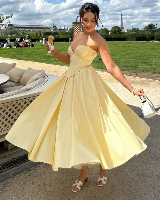 Elegant Butter Yellow Midi Dress for Summer