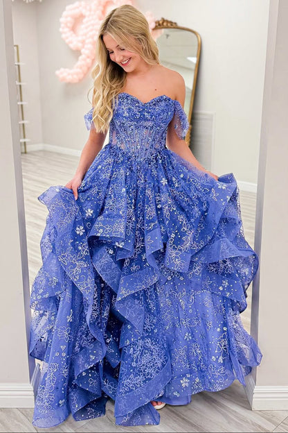A-Line Off the Shoulder Blue Lace Ruffle Tiered Long Prom Dress