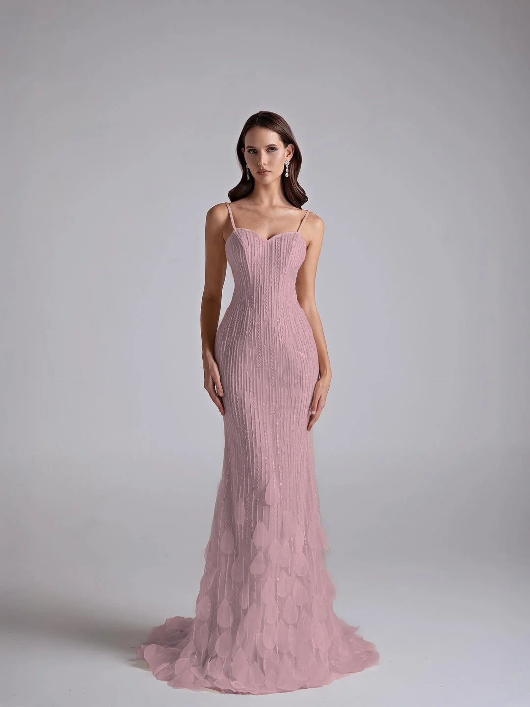 Spaghetti Straps Sleeveless Long Mermaid Prom Dress With Petals And Sequins