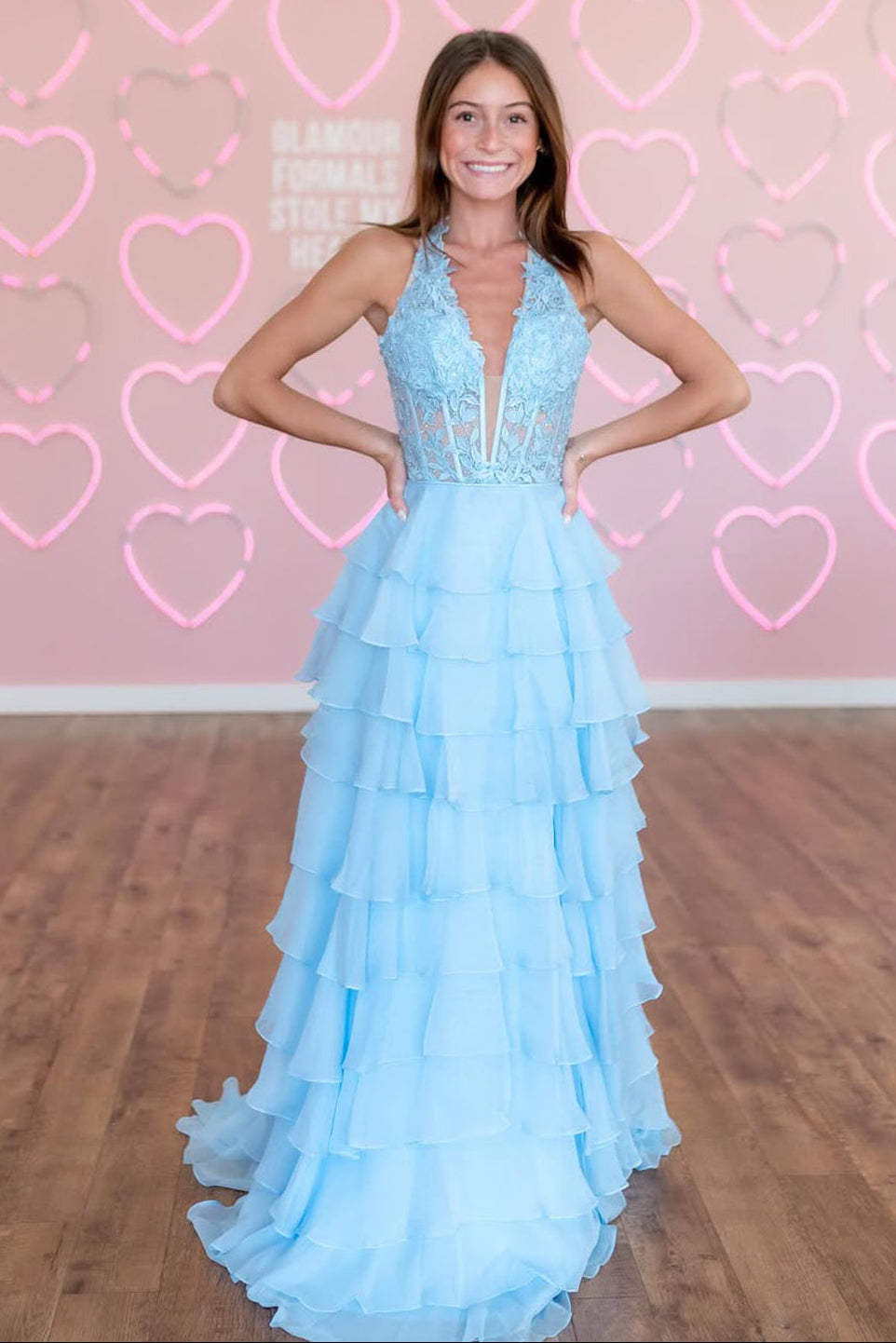 A-Line Halter Light Blue Ruffle Tiered Chiffon Long Prom Dress