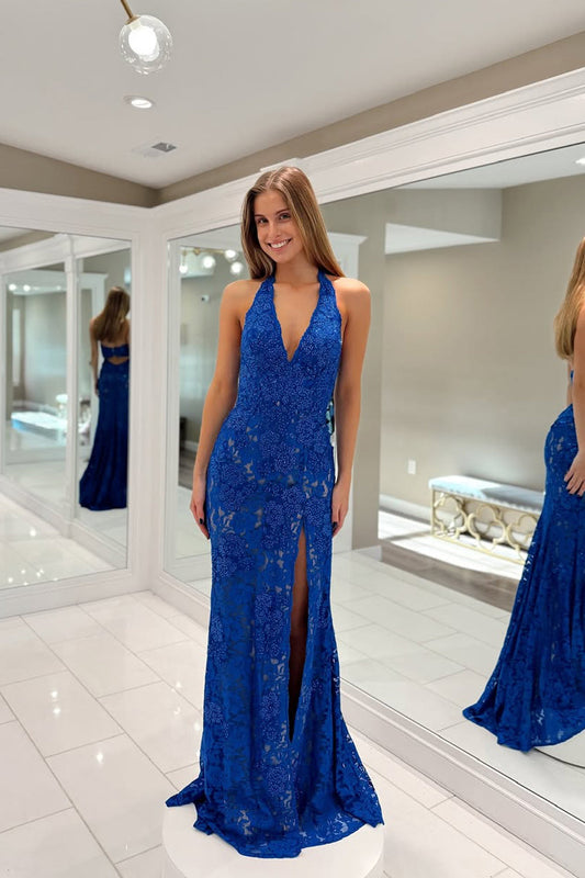 Charming Mermaid V Neck Royal Blue Lace Prom Dress