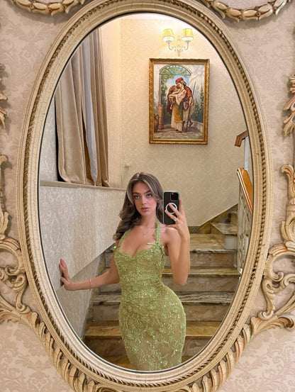 Sequins Applique Exquisite Halter Green Sleeveless Prom Dress