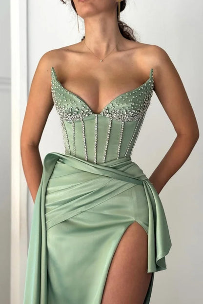 Dusty Sage Beaded Strapless Split Prom Dress